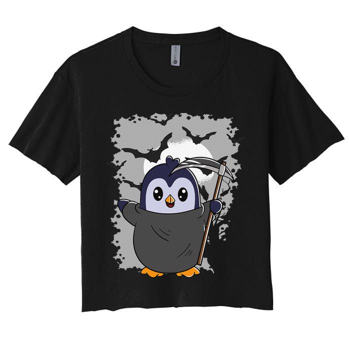 Grim Reaper Halloween Spooky Penguin Halloween Penguin Women's Crop Top Tee