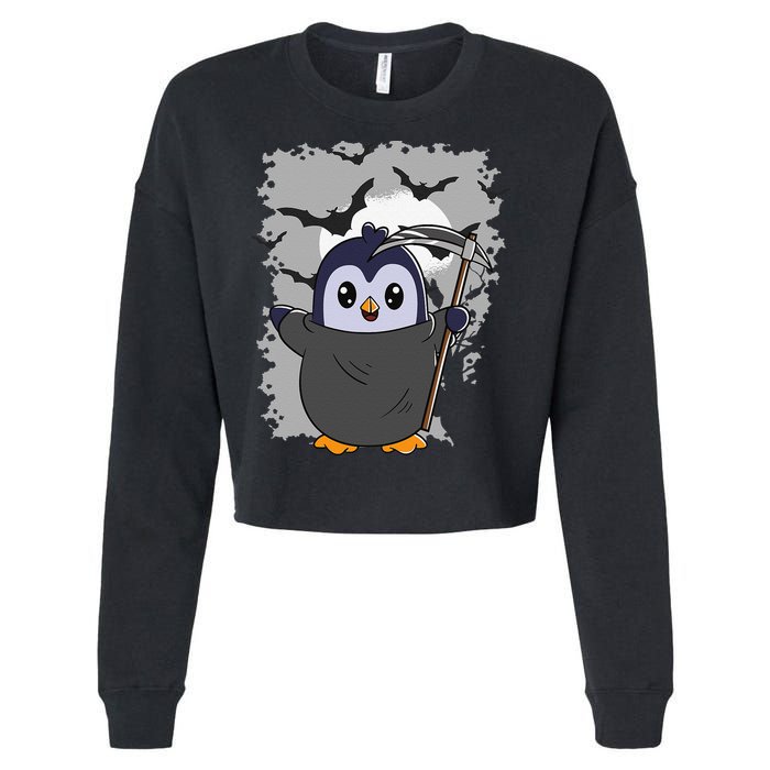 Grim Reaper Halloween Spooky Penguin Halloween Penguin Cropped Pullover Crew