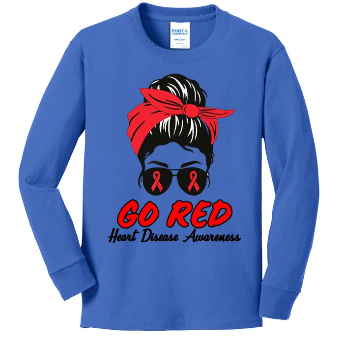 Go Red Heart Disease Awareness Month Red Ribbon Messy Bun Funny Gift Kids Long Sleeve Shirt