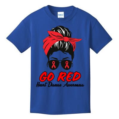 Go Red Heart Disease Awareness Month Red Ribbon Messy Bun Funny Gift Kids T-Shirt