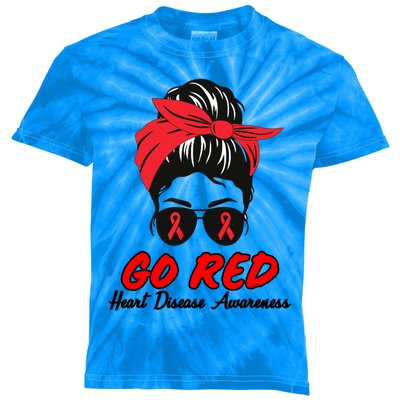 Go Red Heart Disease Awareness Month Red Ribbon Messy Bun Funny Gift Kids Tie-Dye T-Shirt