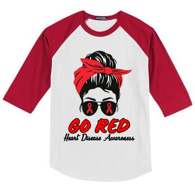 Go Red Heart Disease Awareness Month Red Ribbon Messy Bun Funny Gift Kids Colorblock Raglan Jersey