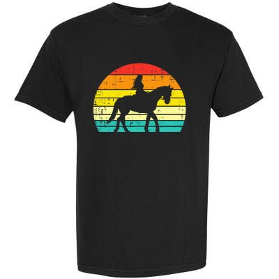 Girl Riding Horse Silhouette Sunset Retro Equestrian Women Garment-Dyed Heavyweight T-Shirt