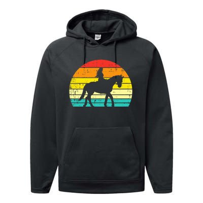 Girl Riding Horse Silhouette Sunset Retro Equestrian Women Performance Fleece Hoodie