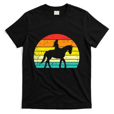 Girl Riding Horse Silhouette Sunset Retro Equestrian Women T-Shirt