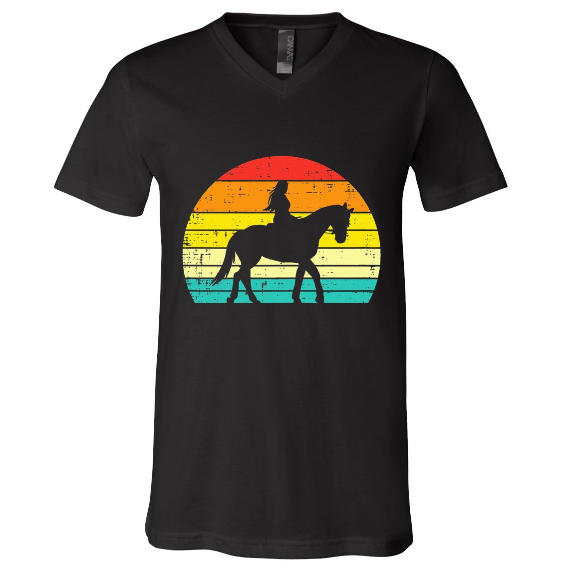 Girl Riding Horse Silhouette Sunset Retro Equestrian Women V-Neck T-Shirt