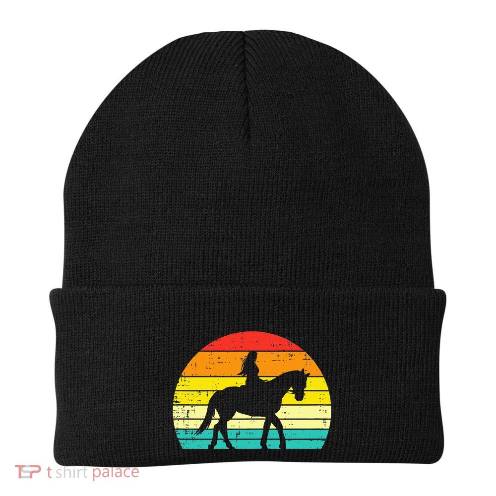Girl Riding Horse Silhouette Sunset Retro Equestrian Women Beanie