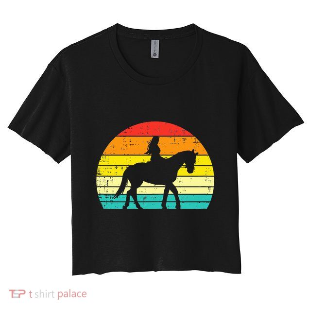 Girl Riding Horse Silhouette Sunset Retro Equestrian Women Crop Top