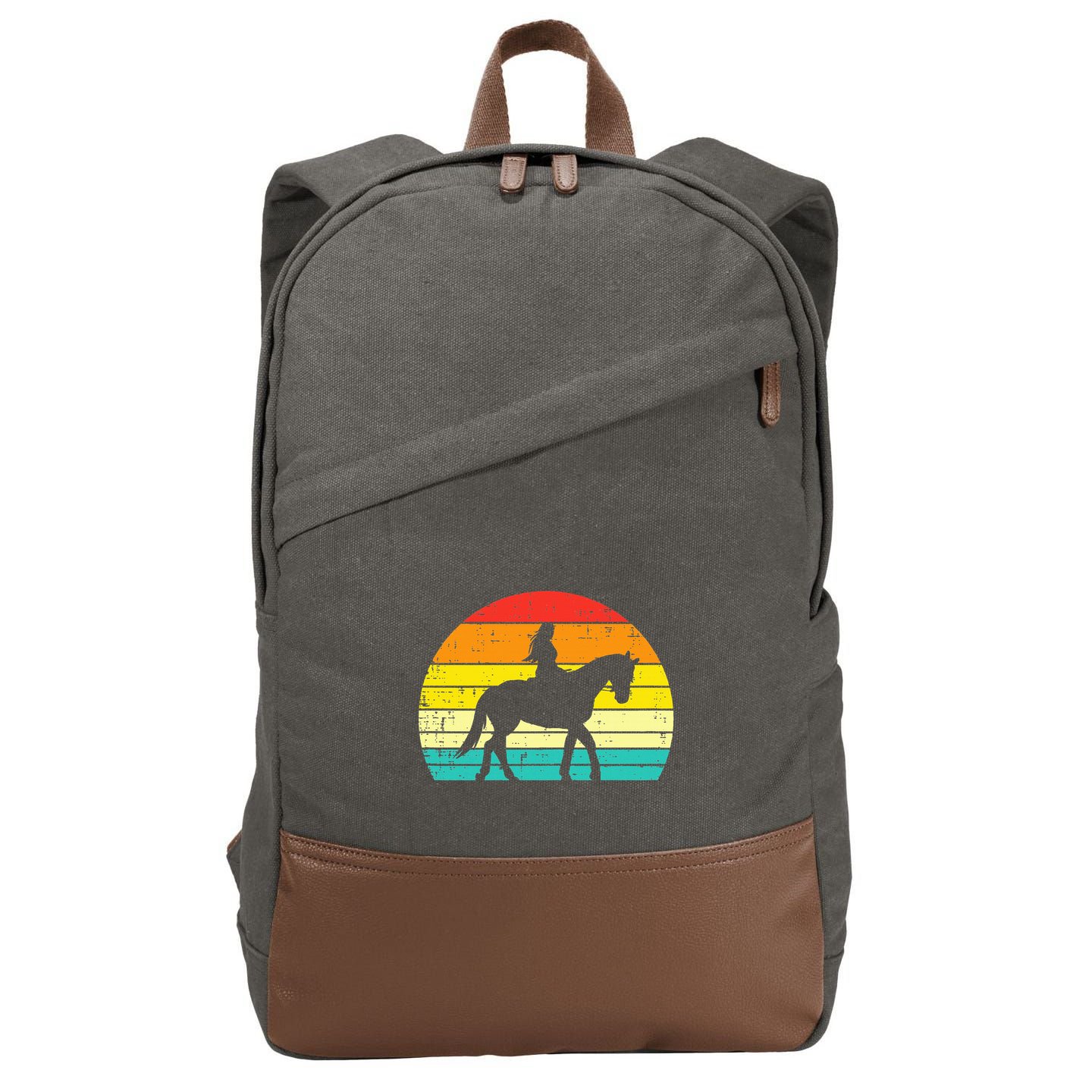Girl Riding Horse Silhouette Sunset Retro Equestrian Women Cotton Canvas Backpack