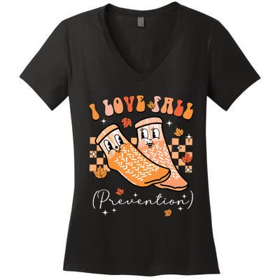 Groovy Retro I Love Fall Prevention Fall Physical Therapy Women's V-Neck T-Shirt