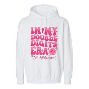 Groovy Retro In My Double Digits Era 10th Birthday Girl Garment-Dyed Fleece Hoodie