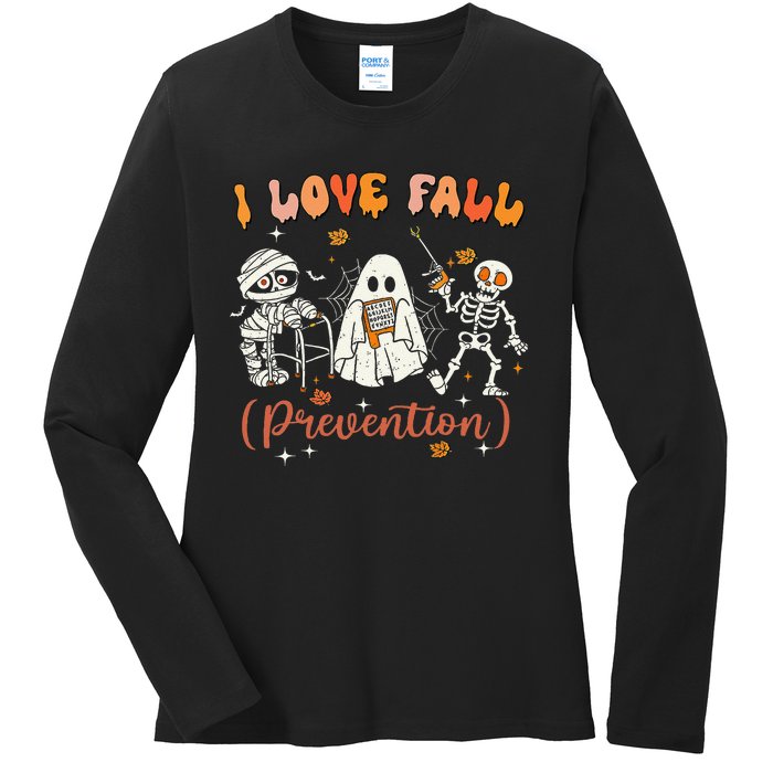 Groovy Retro I Love Fall Prevention Fall Physical Therapy Ladies Long Sleeve Shirt