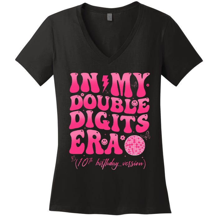 Groovy Retro In My Double Digits Era 10th Birthday Version Women's V-Neck T-Shirt