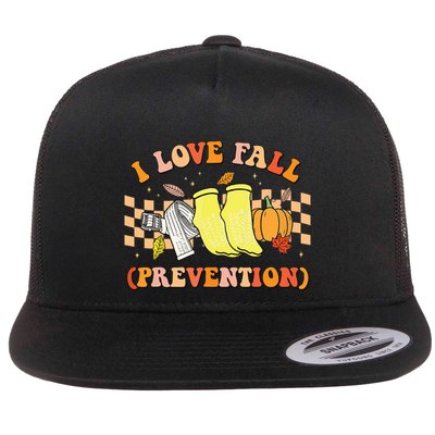 Groovy Retro I Love Fall Prevention Fall Physical Therapy Flat Bill Trucker Hat