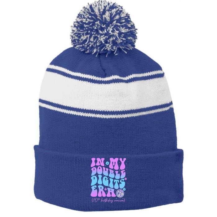 Groovy Retro In My Double Digits Era 10th Birthday Version Stripe Pom Pom Beanie