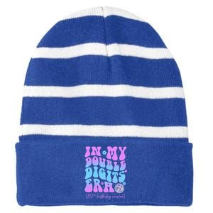 Groovy Retro In My Double Digits Era 10th Birthday Version Striped Beanie with Solid Band