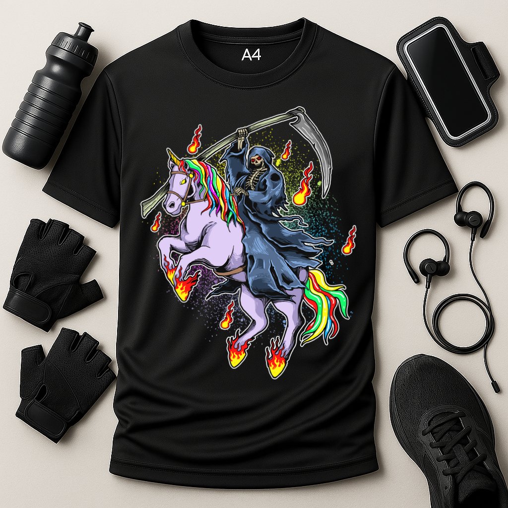 Grim Reaper Riding Rainbow Unicorn Performance Shirt