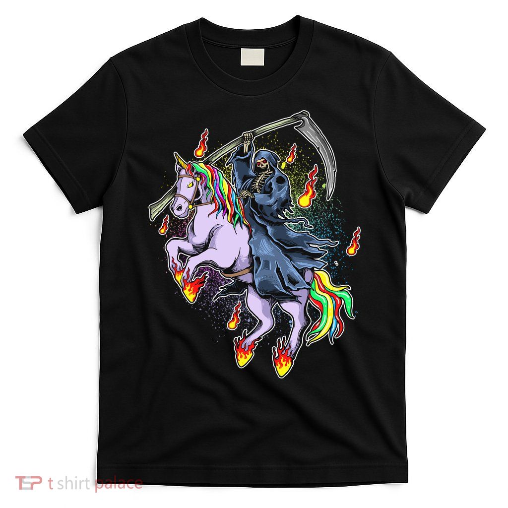 Grim Reaper Riding Rainbow Unicorn T-Shirt