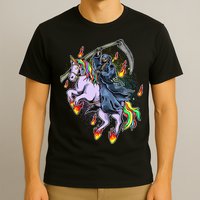 Grim Reaper Riding Rainbow Unicorn T-Shirt