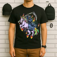 Grim Reaper Riding Rainbow Unicorn T-Shirt