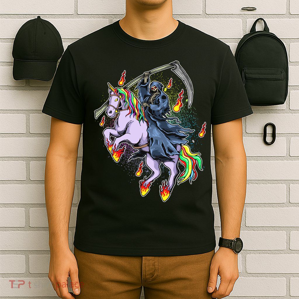 Grim Reaper Riding Rainbow Unicorn T-Shirt