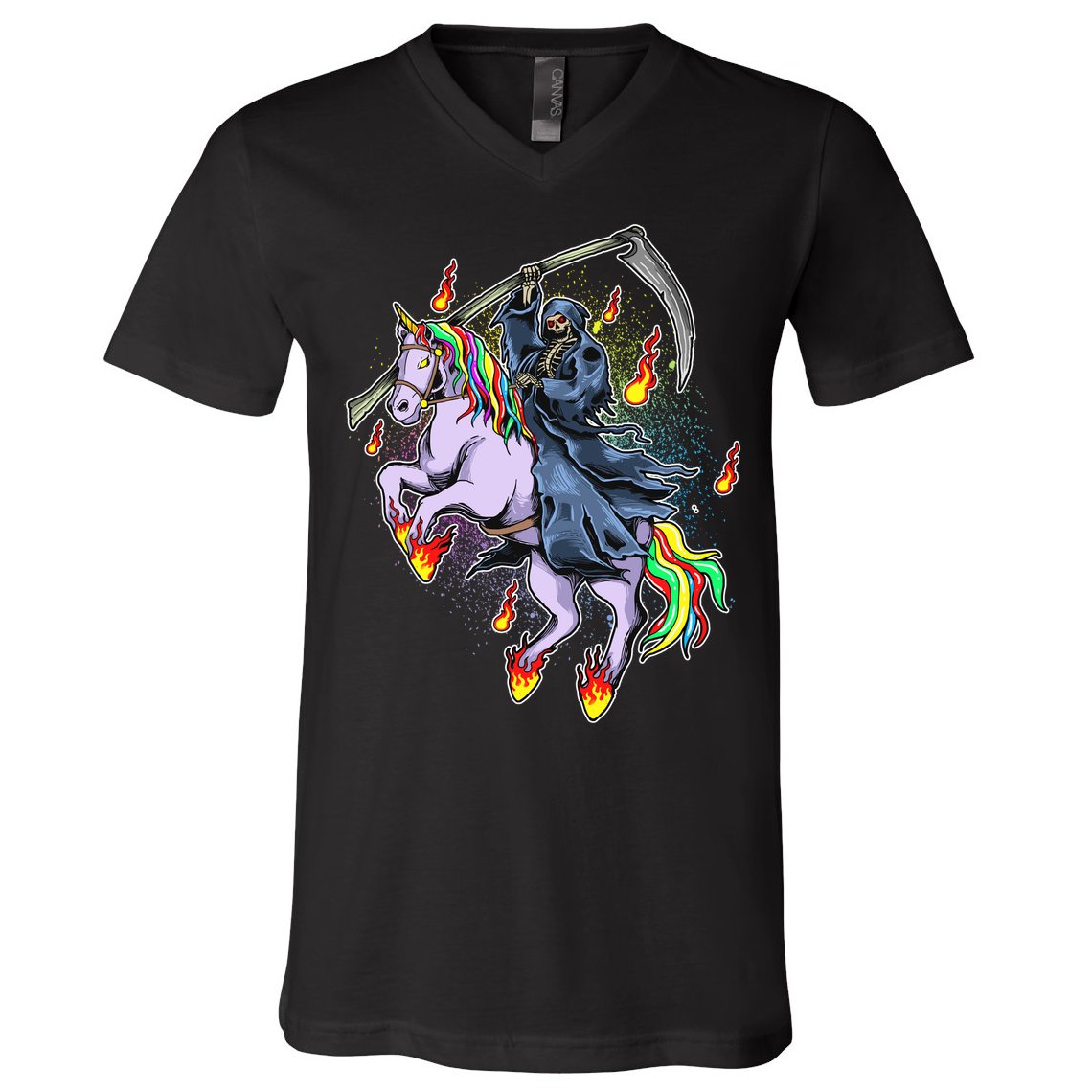 Grim Reaper Riding Rainbow Unicorn V-Neck T-Shirt