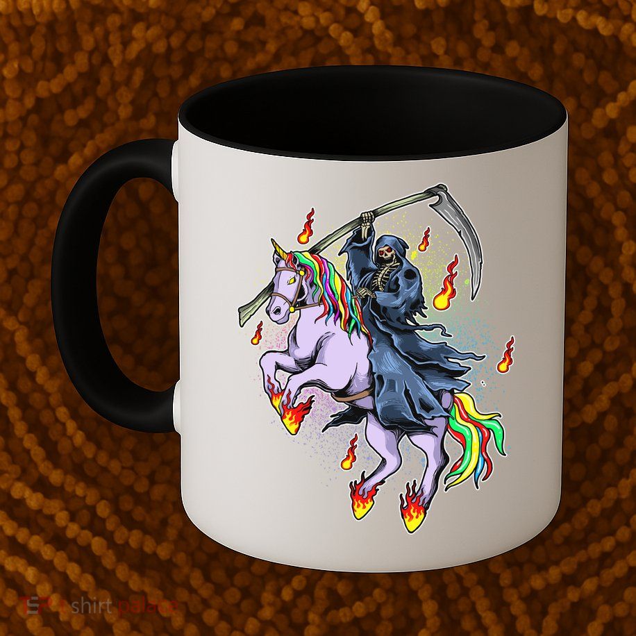 Grim Reaper Riding Rainbow Unicorn Mug