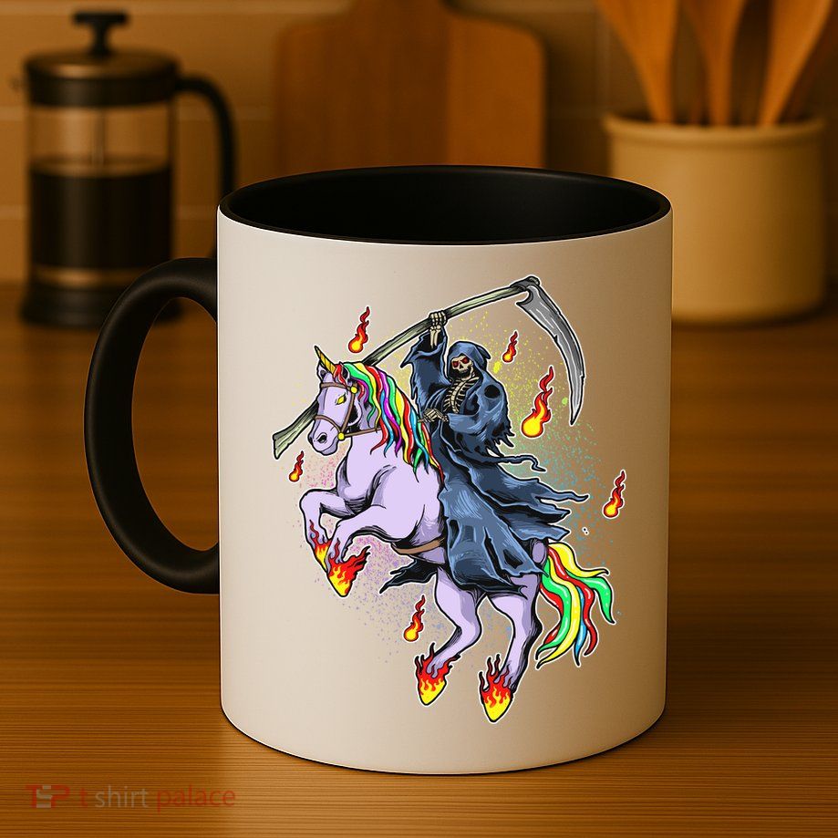 Grim Reaper Riding Rainbow Unicorn Mug