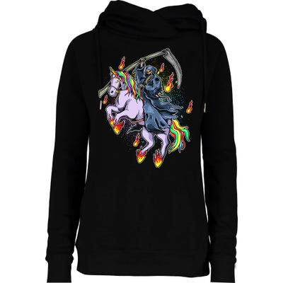 Grim Reaper Riding Rainbow Unicorn Womens Funnel Neck Pullover Hood