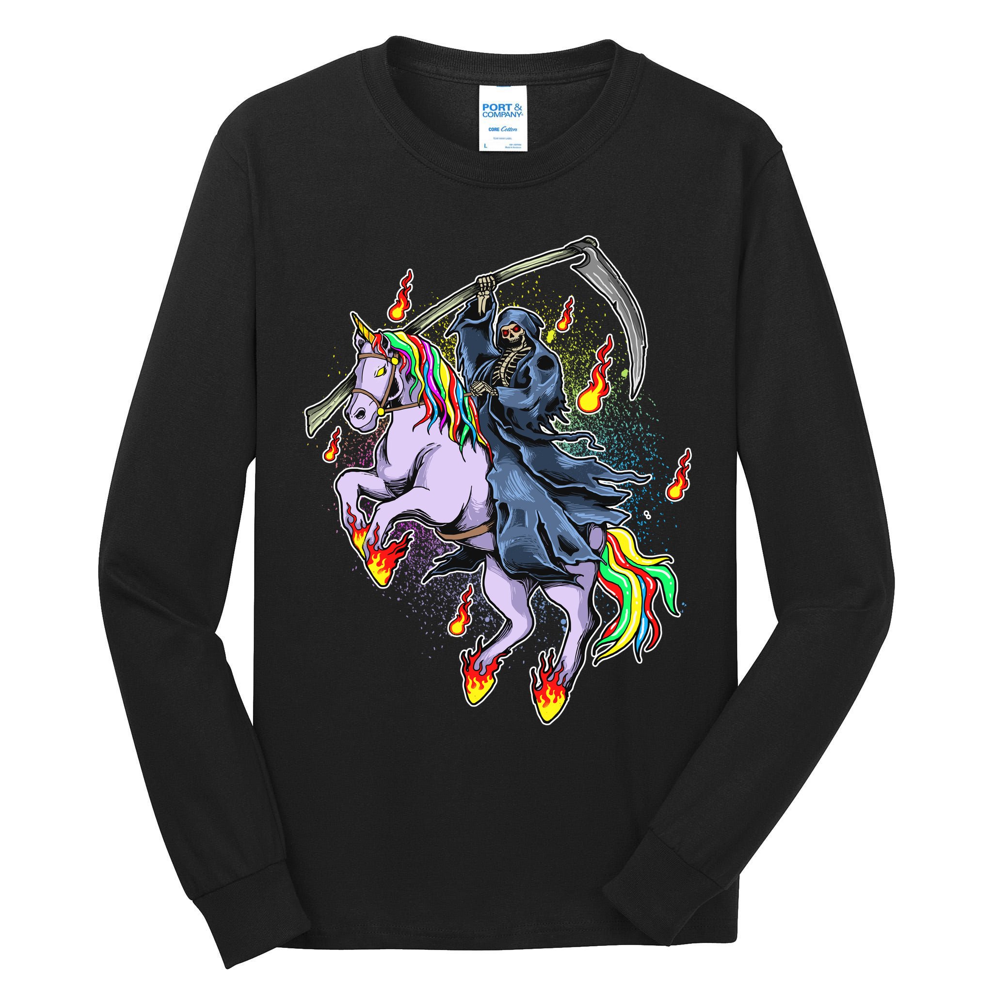 Grim Reaper Riding Rainbow Unicorn Tall Long Sleeve T-Shirt