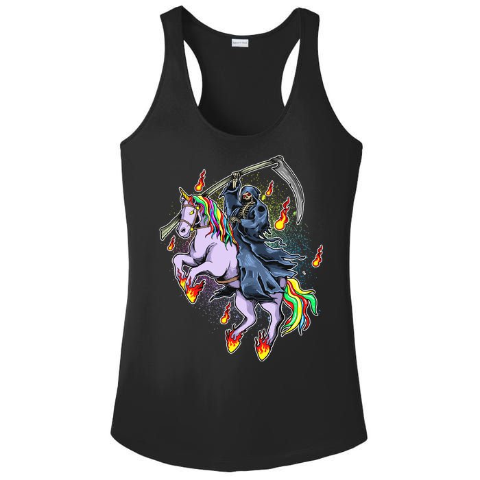 Grim Reaper Riding Rainbow Unicorn Ladies PosiCharge Competitor Racerback Tank