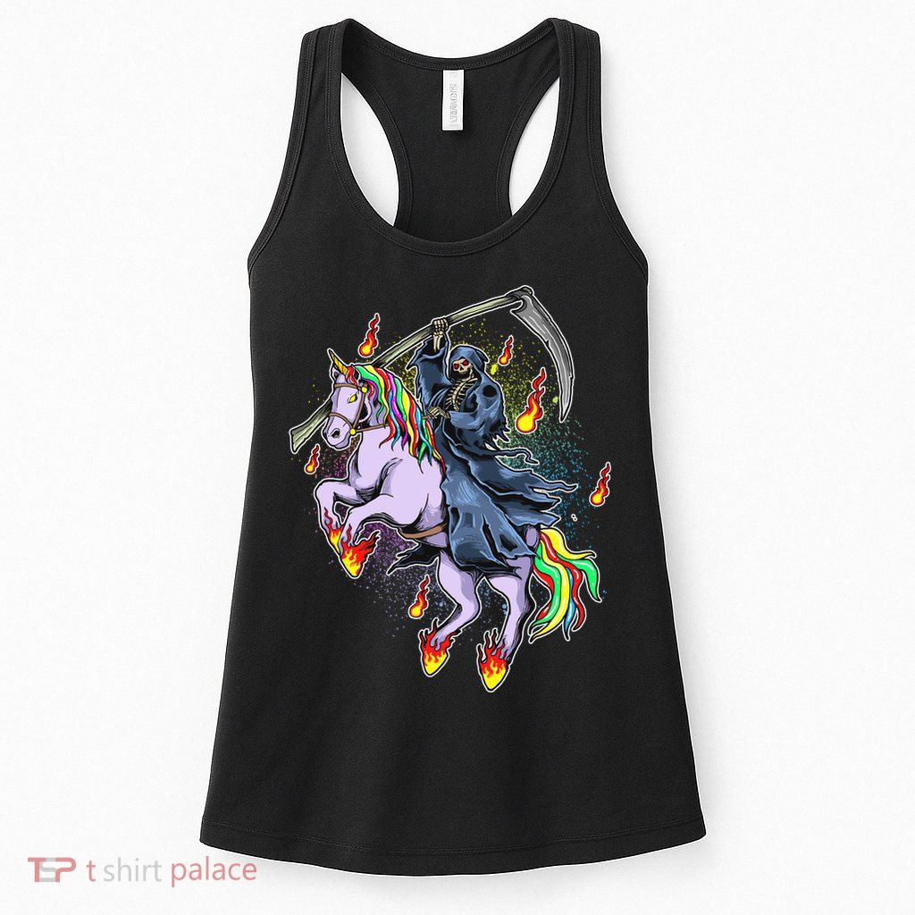 Grim Reaper Riding Rainbow Unicorn Womens Tank Top