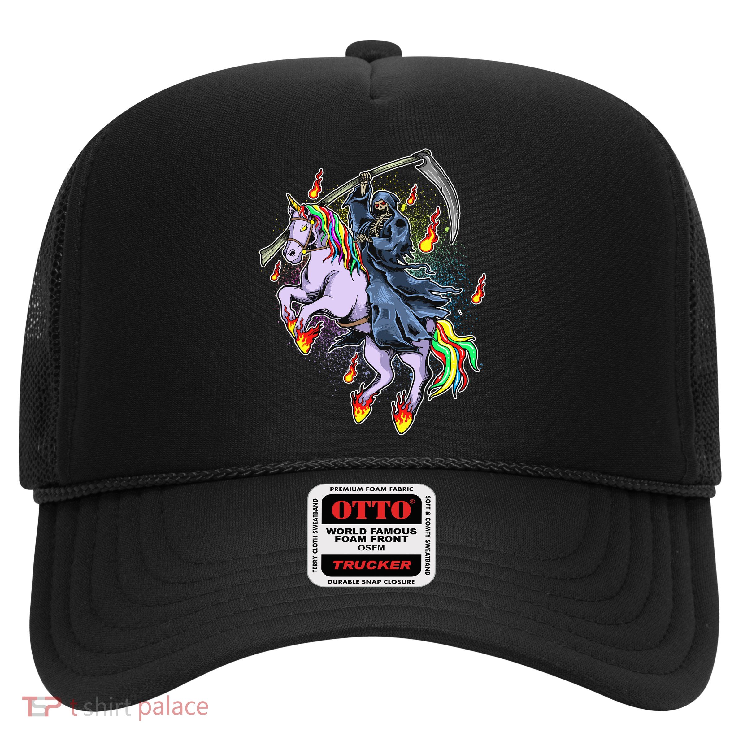 Grim Reaper Riding Rainbow Unicorn Trucker Hat