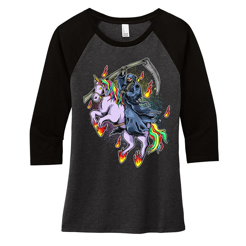 Grim Reaper Riding Rainbow Unicorn Women's Tri-Blend 3/4-Sleeve Raglan Shirt