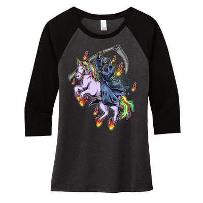 Grim Reaper Riding Rainbow Unicorn Women's Tri-Blend 3/4-Sleeve Raglan Shirt