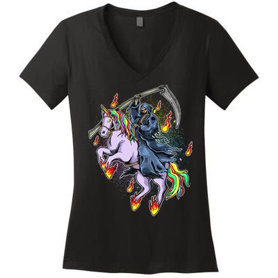 Grim Reaper Riding Rainbow Unicorn Women's V-Neck T-Shirt