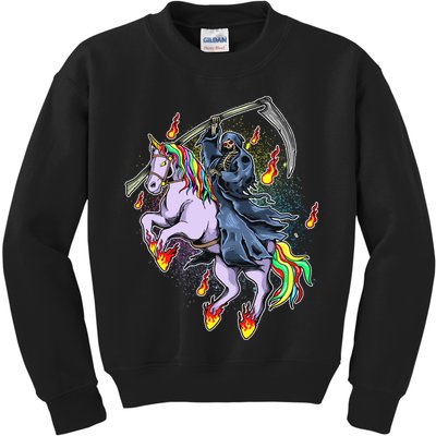 Grim Reaper Riding Rainbow Unicorn Kids Sweatshirt