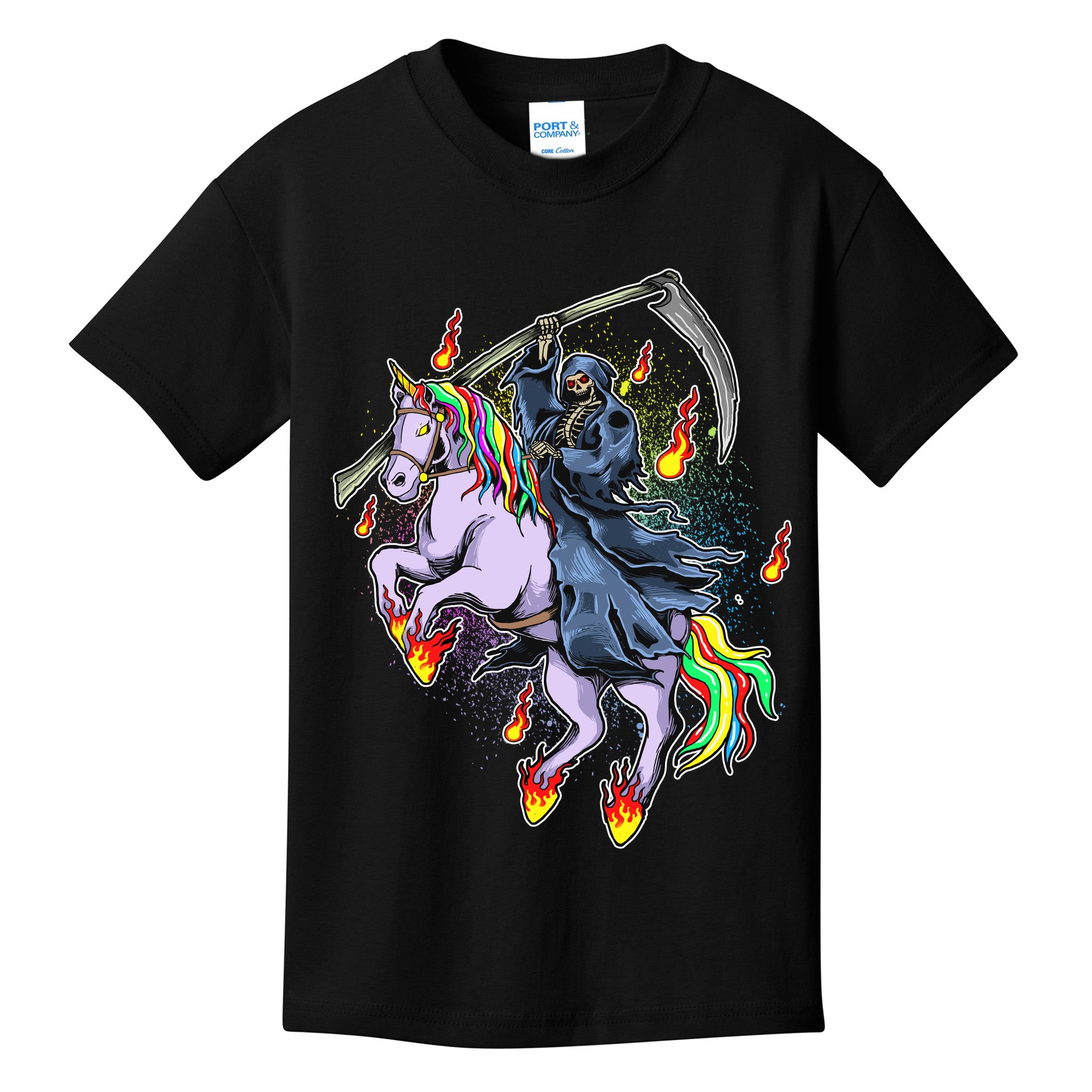 Grim Reaper Riding Rainbow Unicorn Kids T-Shirt