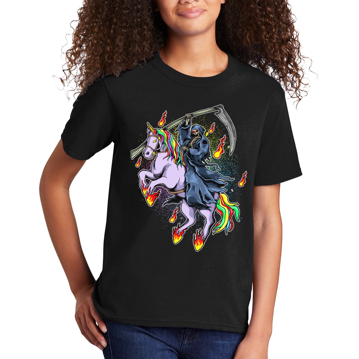 Grim Reaper Riding Rainbow Unicorn Kids T-Shirt
