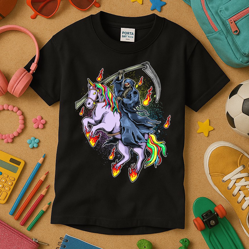 Grim Reaper Riding Rainbow Unicorn Kids T-Shirt