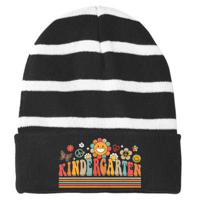 Groovy Retro Kindergarten Vibes Back To School Teachers Striped Beanie with Solid Band