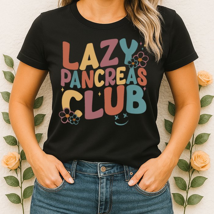 Groovy Retro Lazy Pancreas Club Type 1 Diabetes Awareness Womens T-Shirt