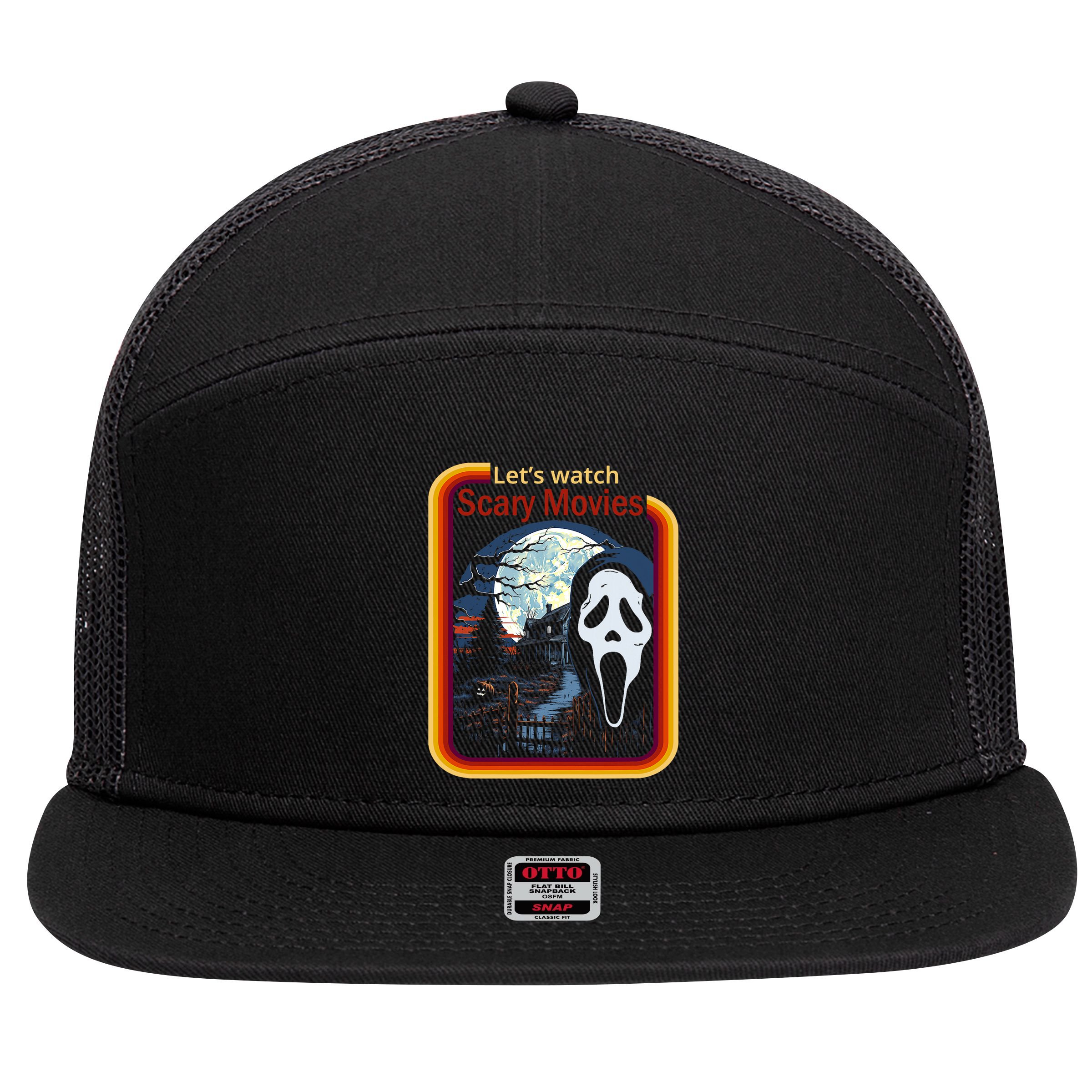 Ghost Retro Lets Watch Scary Movies 7 Panel Mesh Trucker Snapback Hat