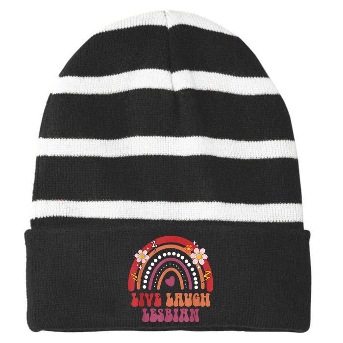 Groovy Retro Live Laugh Lesbian Pride LGBTQ+ Pride Month Striped Beanie with Solid Band