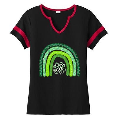 Green Rainbow Leopard Lucky Shamrock Irish St Patricks Day Ladies Halftime Notch Neck Tee