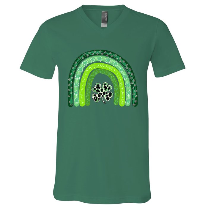 Green Rainbow Leopard Lucky Shamrock Irish St Patricks Day V-Neck T-Shirt