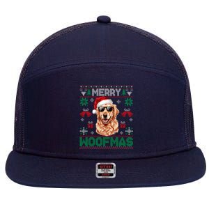 Golden Retrievers Merry Christmas Woofmas Dog Lover Mom Dad 7 Panel Mesh Trucker Snapback Hat