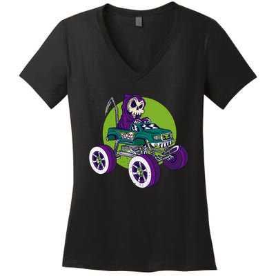 Grim Reaper Monster Truck Women's V-Neck T-Shirt