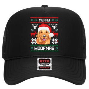 Golden Retriever Merry Woofmas Dog Christmas High Crown Mesh Back Trucker Hat