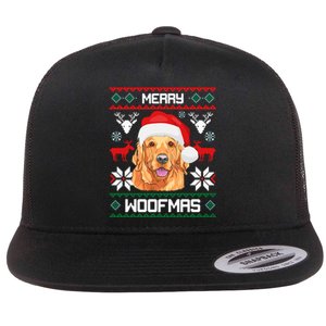 Golden Retriever Merry Woofmas Dog Christmas Flat Bill Trucker Hat